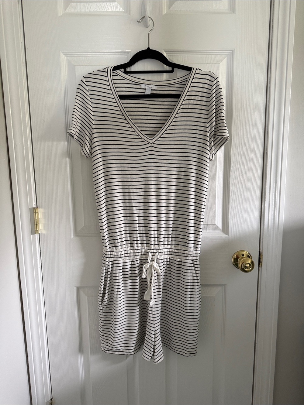 Daily Ritual Black and White Striped Short-Sleeve Jumpsuit